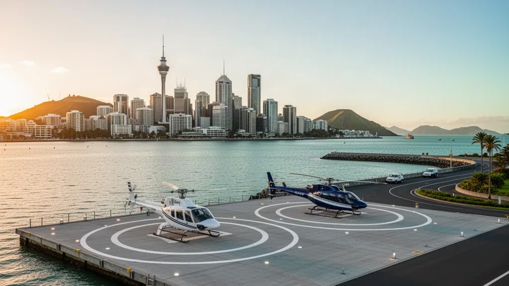 Plataformas de aterrizaje del helipuerto de Mechanics Bay con un helicóptero junto al puerto de Waitematā de Auckland y el horizonte urbano en la hora dorada