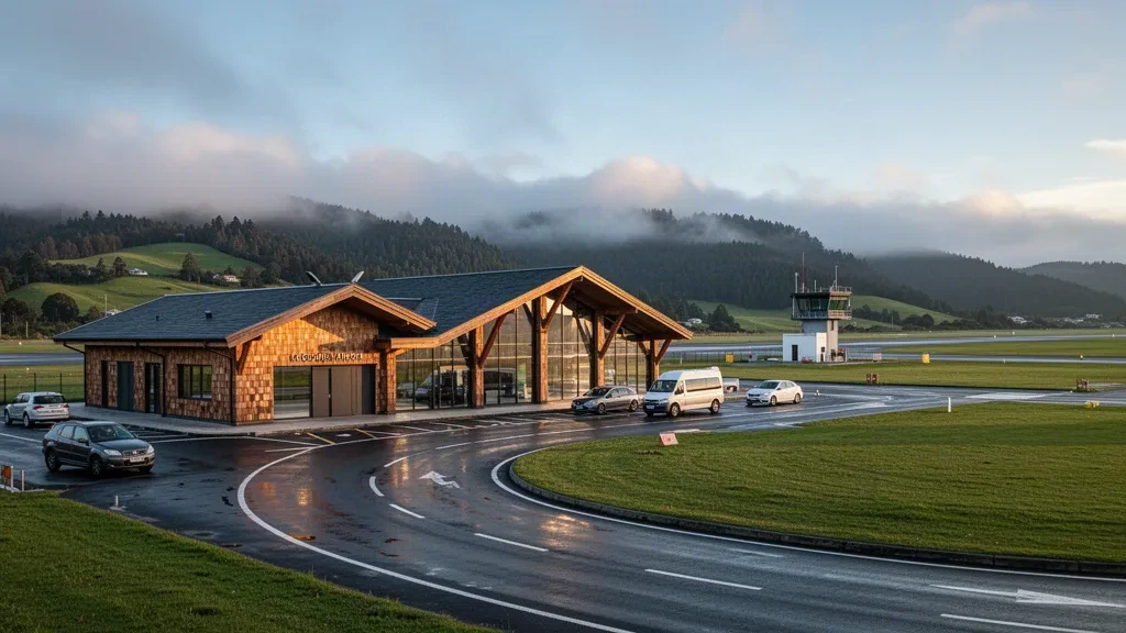 Modern timber and glass terminal at Mocopulli Airport on Chiloé Island, Chile, with a curbside drop-off lane at golden hour