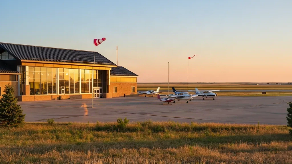 Mitchell Municipal Airport terminal exterior in Mitchell, South Dakota, with general aviation aircraft parked on the apron at golden hour.