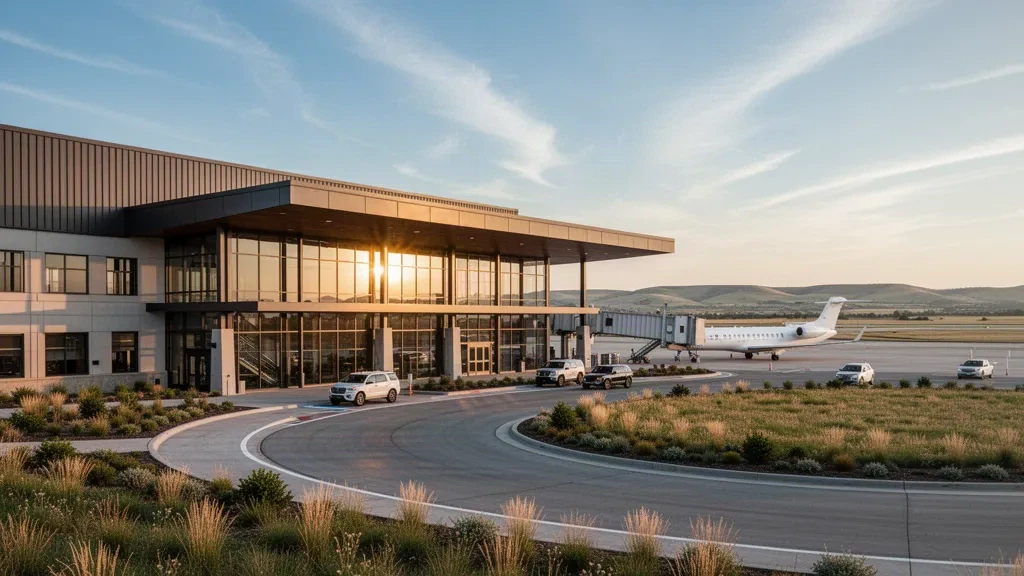 Modern glass terminal and drop-off loop at Manhattan Regional Airport in Kansas under warm golden-hour light