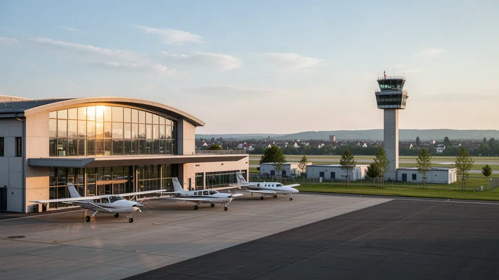 Mannheim City Havalimanı'nda hafif uçaklar, kontrol kulesi ve hava sahası üzerinde altın saat ışığıyla terminal binası ve apron