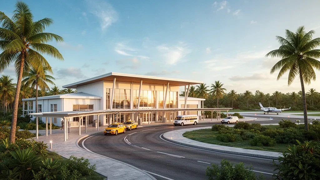 Moderne Glasfassade des Terminals und palmengesäumte Vorfahrtspur am Leonard M. Thompson International Airport in Marsh Harbour, Abaco, Bahamas