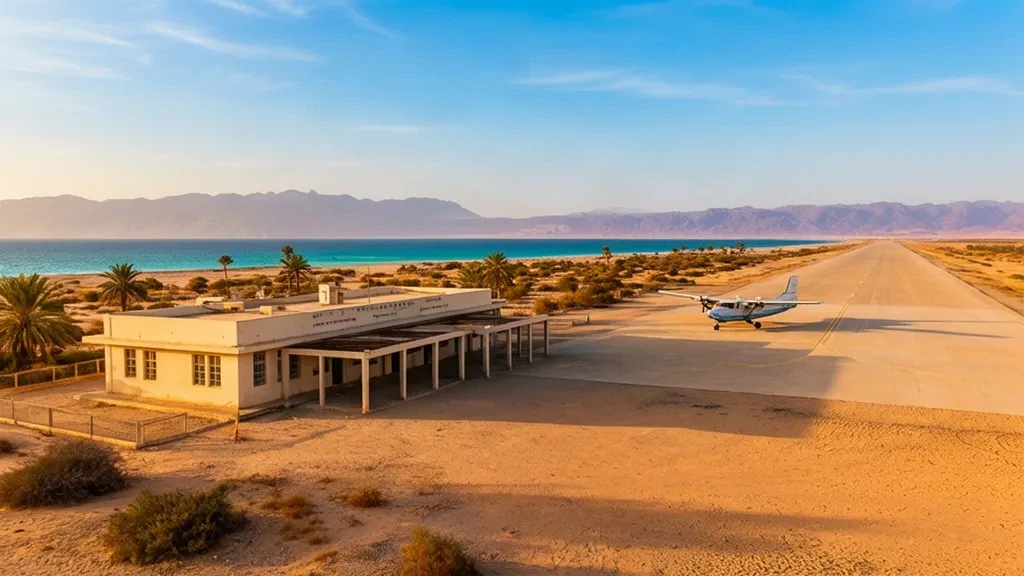 Außenansicht des Terminals des Flughafens Moucha MHI auf Moucha Island, Dschibuti, mit Start- und Landebahn und Küstenlandschaft.