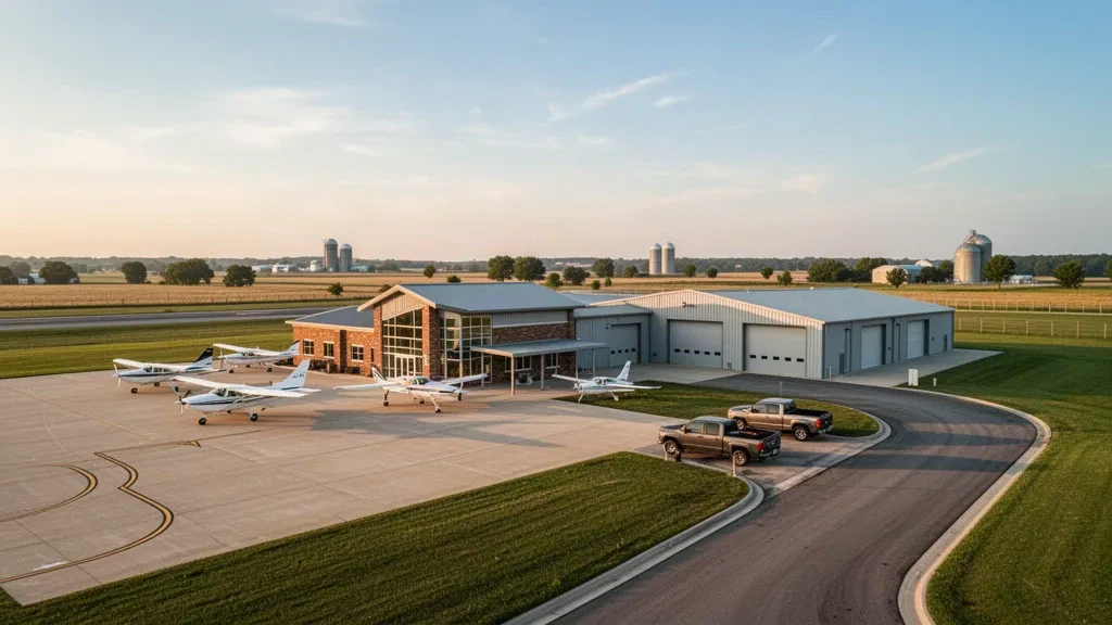 Small general aviation aircraft parked on the apron at Marshall Memorial Municipal Airport in Missouri at golden hour