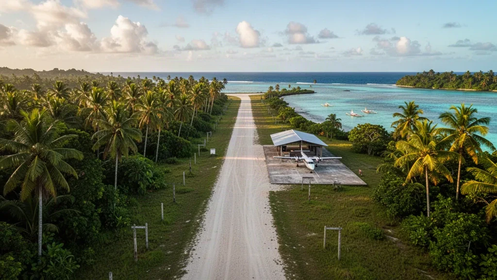 Tropical island airstrip of Manaoba Airport in the Solomon Islands with a palm-lined gravel runway, small terminal shelter and turquoise lagoon