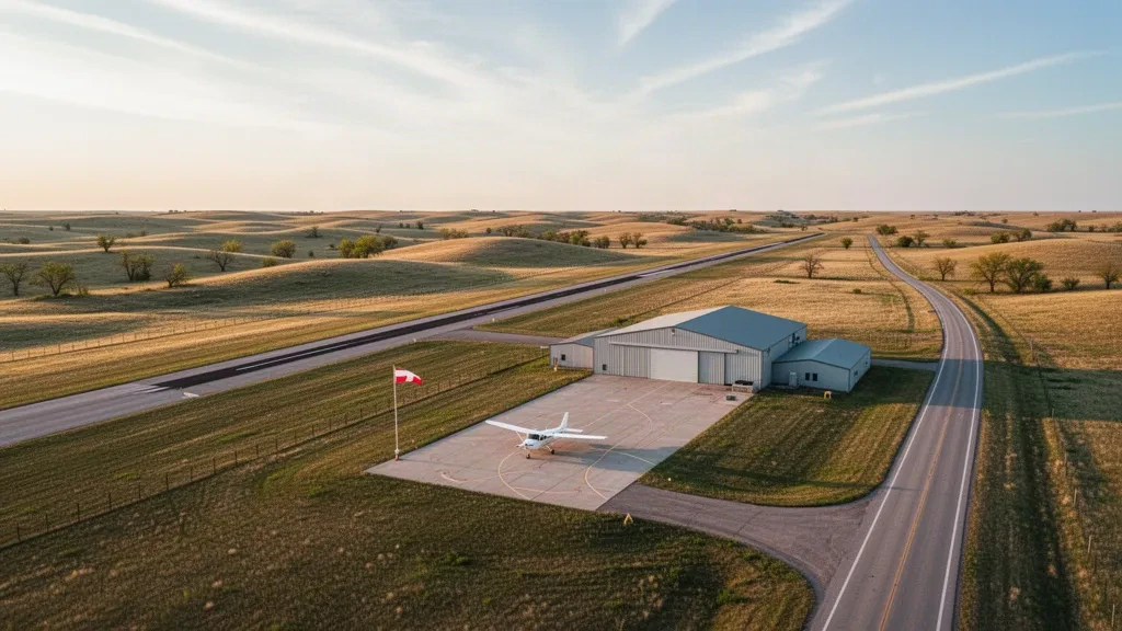 Aerial golden-hour view of Hooker County Airport near Mullen, Nebraska, showing its single runway, apron and hangars on the Sandhills prairie.