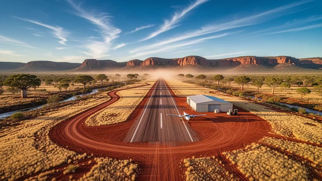 Piste d'atterrissage isolée de l'outback à l'aéroport de Mount House dans la région du Kimberley en Australie-Occidentale, avec un petit avion à côté d'un hangar à l'heure dorée