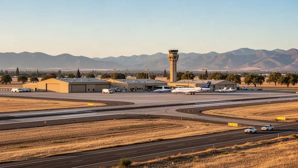 Vista durante la hora dorada de una amplia pista, hangares bajos y una torre de control histórica en el Aeropuerto Sacramento Mather, en el Valle de Sacramento de California