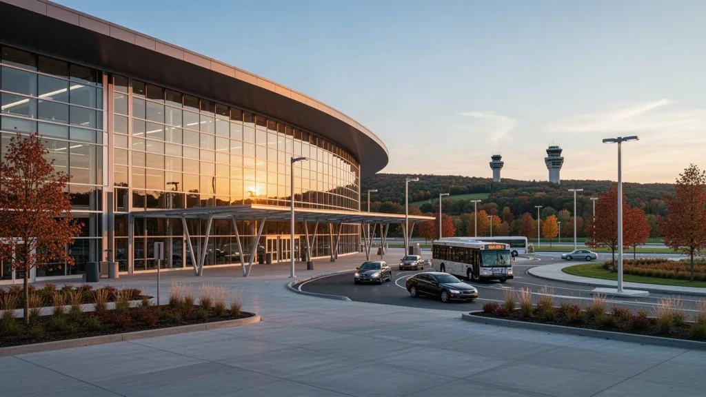 Moderner gläserner Terminal von außen und Vorfahrtsbereiche am Manchester-Boston Regional Airport in New Hampshire zur goldene Stunde