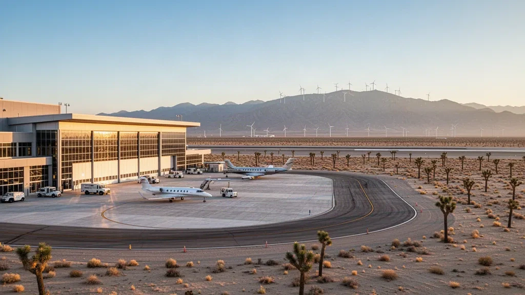 Terminal moderna y plataforma de pruebas de vuelo en el desierto en Mojave Air & Space Port, California, bajo una cálida luz dorada