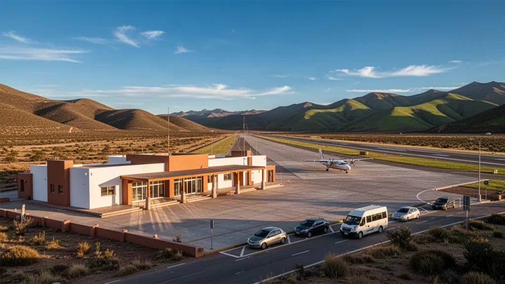 Petit terminal régional, aire de trafic et piste à l'aéroport de Monteagudo en Bolivie, encadrés par des collines arides sous une lumière chaude de fin d'après-midi