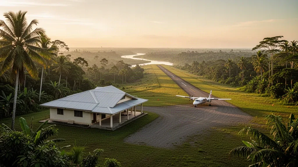 Piccola pista di atterraggio tropicale all'aeroporto di Morehead in Papua Nuova Guinea con un aereo leggero parcheggiato vicino al terminal durante l'ora d'oro