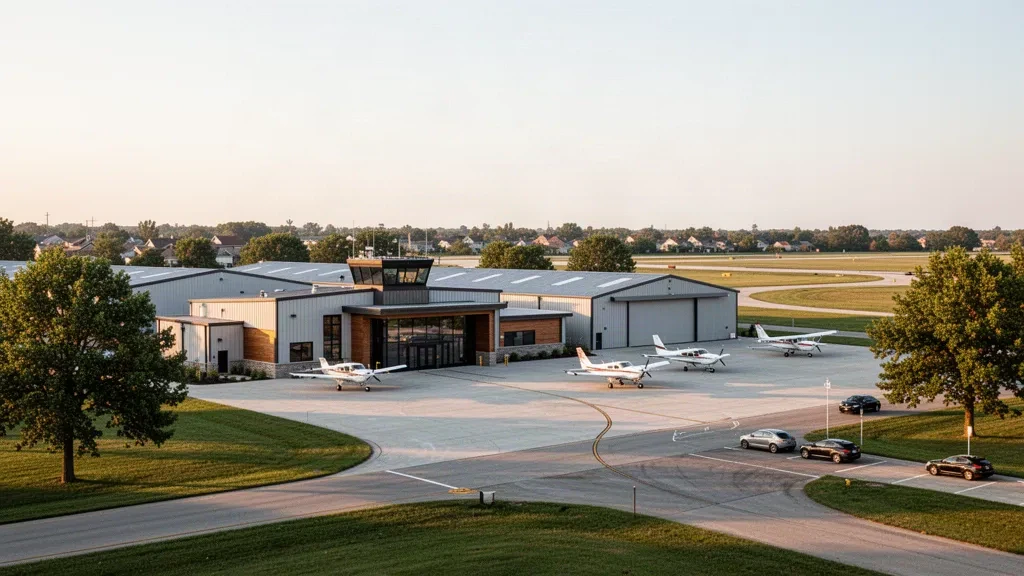 Minnesota'daki Crystal Havalimanı'nın genel havacılık terminali, hangarları ve yumuşak altın saat ışığı altında aprondaki hafif uçakları