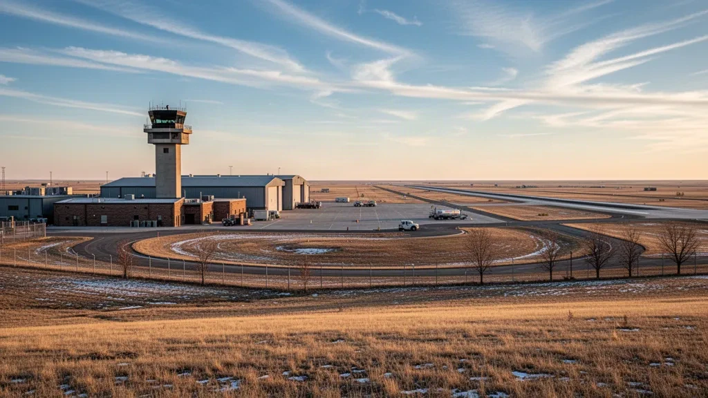 Ampia veduta del campo di aviazione della Minot Air Force Base nel North Dakota, con torre di controllo, hangar e piste sull'aperta prateria durante l'ora d'oro.