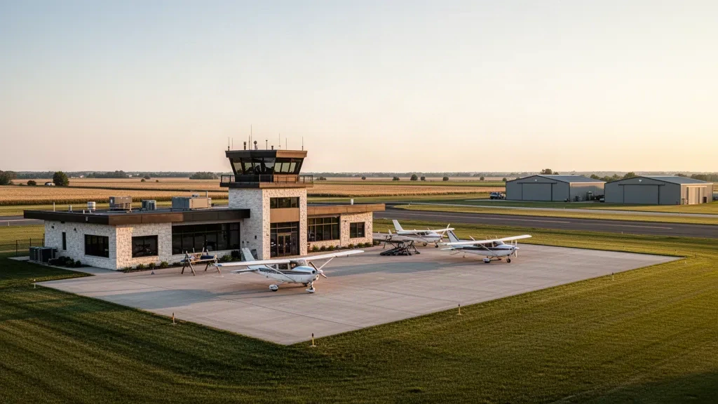 Indiana, Muncie yakınlarındaki Delaware County Johnson Field havalimanında güneşle aydınlanan apron ve alçak terminal binası