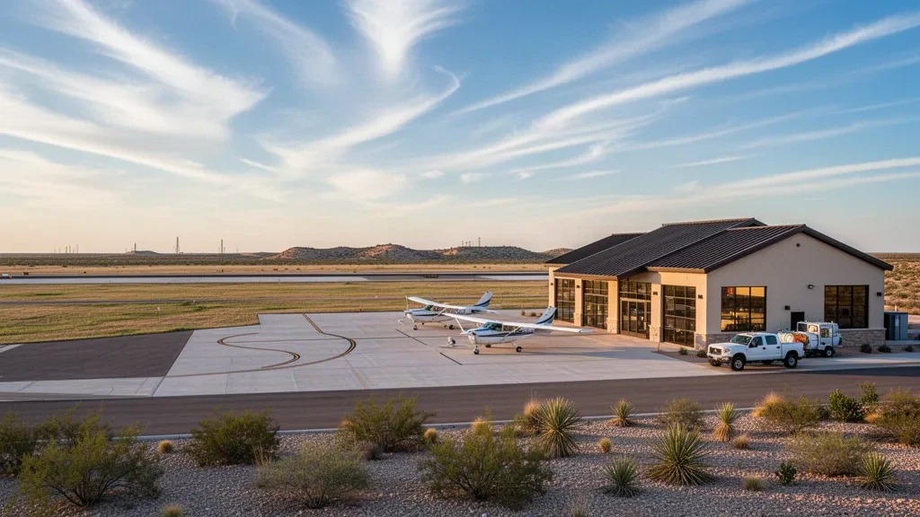 Kleines Terminal der allgemeinen Luftfahrt, abgestellte Leichtflugzeuge und offene Start- und Landebahn am Roy Hurd Memorial Airport in Monahans, Texas, unter einem weiten Wüstenhimmel