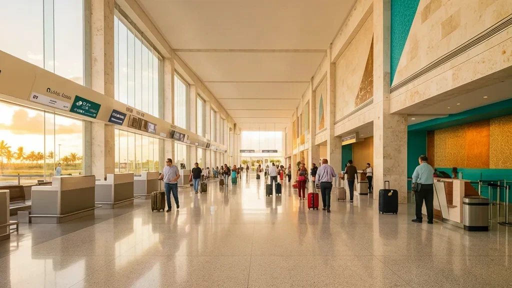 Innenansicht des Terminals des Internationalen Flughafens Manuel Crescencio Rejón in Mérida, Yucatán, mit Reisenden und moderner Architektur.