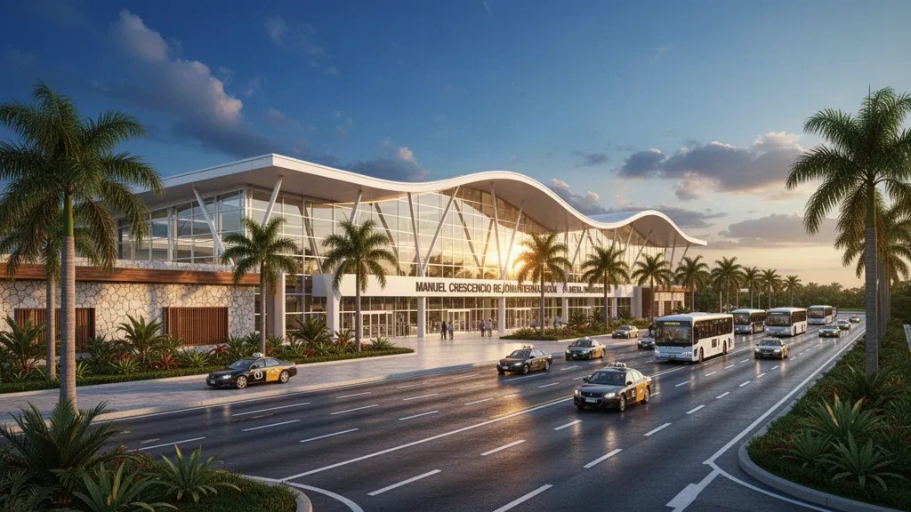 Vista durante la hora dorada de la terminal moderna y la vía de acceso en el Aeropuerto Internacional Manuel Crescencio Rejón de Mérida.