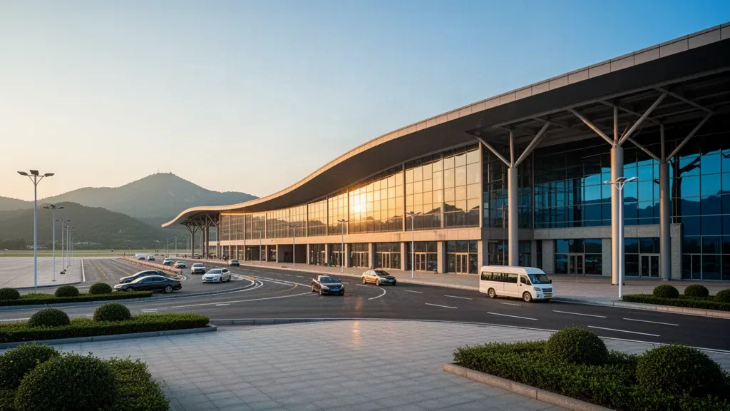 Extérieur moderne d'un terminal vitré à l'aéroport de Mianyang Nanjiao dans le Sichuan, avec voies de dépose et véhicules sous une lumière dorée de fin de journée
