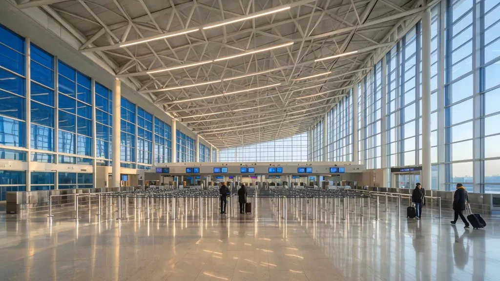 Passeggeri che camminano nella luminosa sala partenze dell'aeroporto di Mianyang Nanjiao nello Sichuan, con pareti in vetro e banchi di check-in.