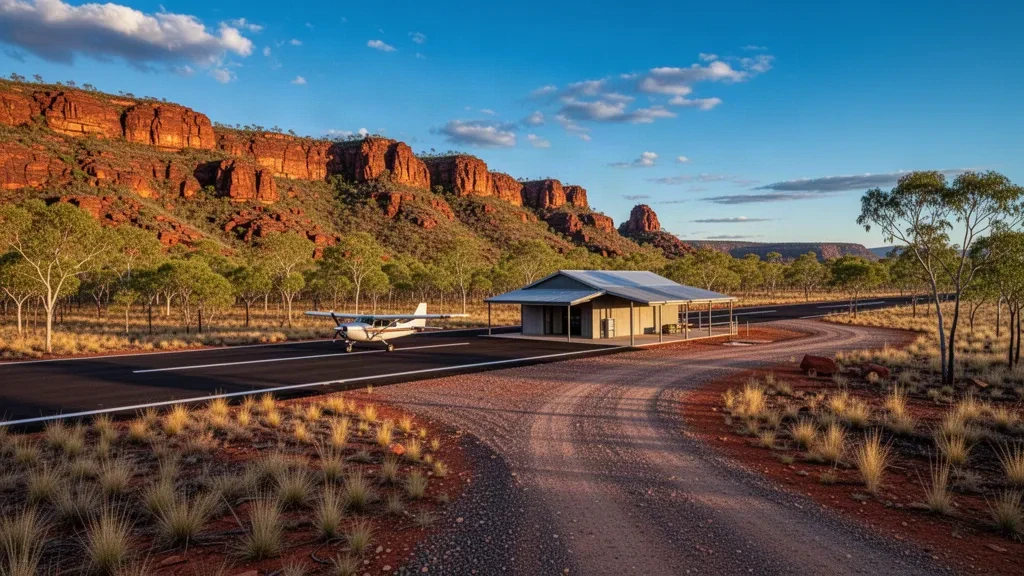 Pista remota del aeropuerto de Mitchell Plateau en el Kimberley con una aeronave ligera junto a un escarpado acantilado rojo y sabana a la hora dorada