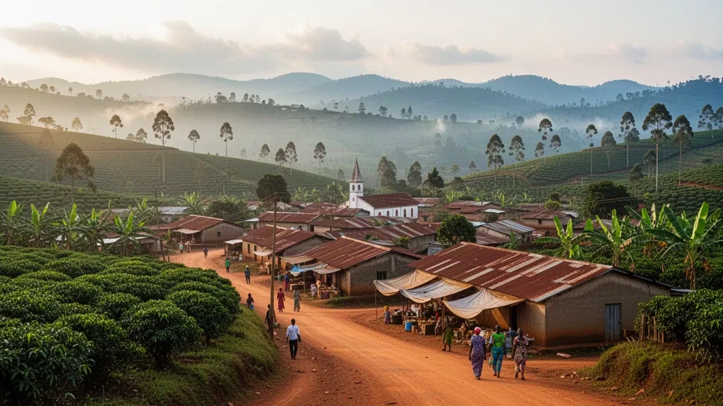 Ngozi, Burundi'nin kırmızı çatılı binalar ve kahve plantasyonlarıyla yeşil tepelere yayıldığı panoramik görünümü