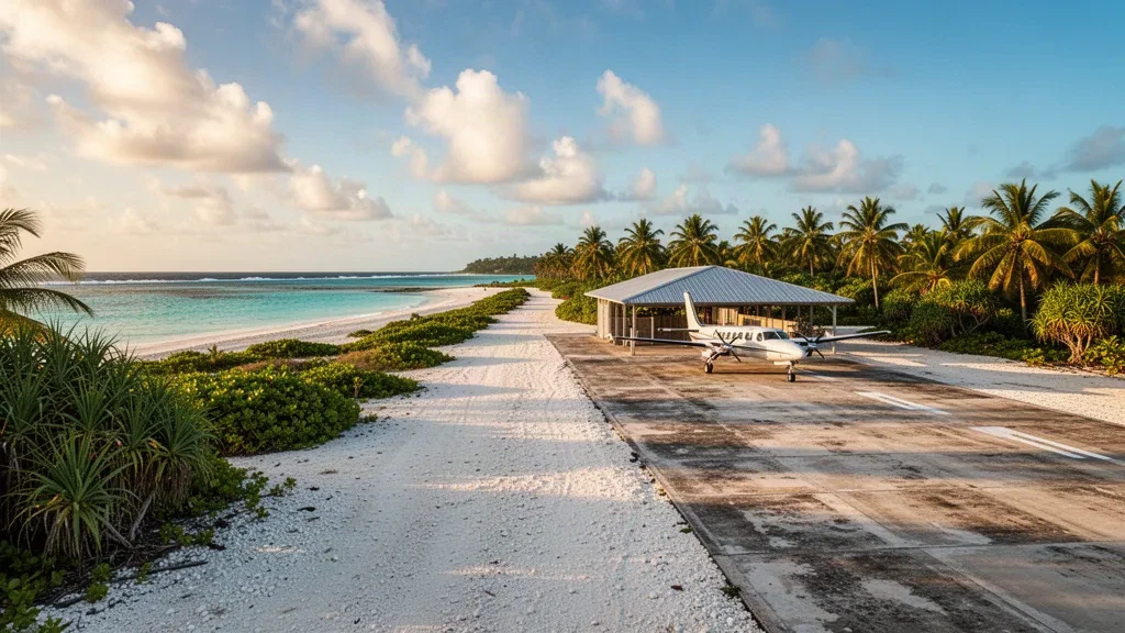 Pista de aterrizaje remota de coral y pista bordeada de palmeras del aeropuerto de Mili Island en las Islas Marshall a la hora dorada