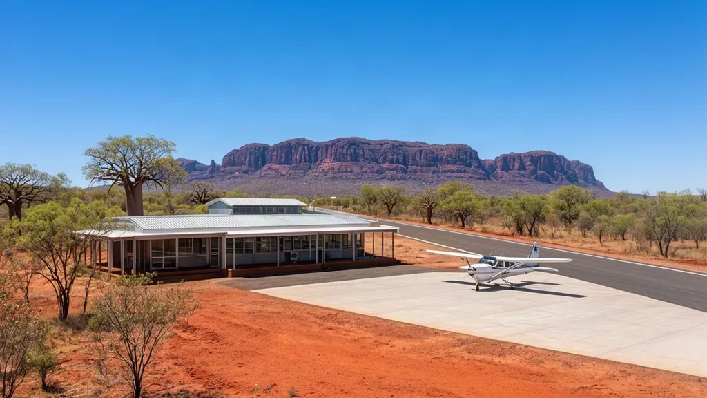 Piccolo terminal e pista dell'aeroporto di Mitchell Plateau, nel remoto Kimberley, Australia Occidentale.
