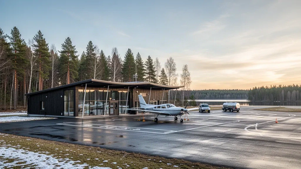 Moderno terminal basso e un aereo leggero parcheggiato sull'apron dell'Aeroporto di Mikkeli in Finlandia, incorniciati da una foresta di pini nordici.