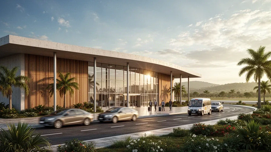 Exterior moderno de terminal de vidrio del Aeropuerto Estatal de Marília en Brasil con carril de descenso en la acera y paisajismo tropical a la hora dorada
