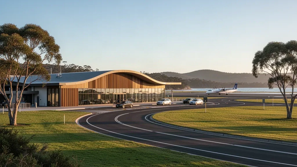 Sapphire Coast'ta cam cepheli, indirme bölgeli, kıyı bitki örtüsüne sahip modern Merimbula Havalimanı terminal binası ve bölgesel bir uçak