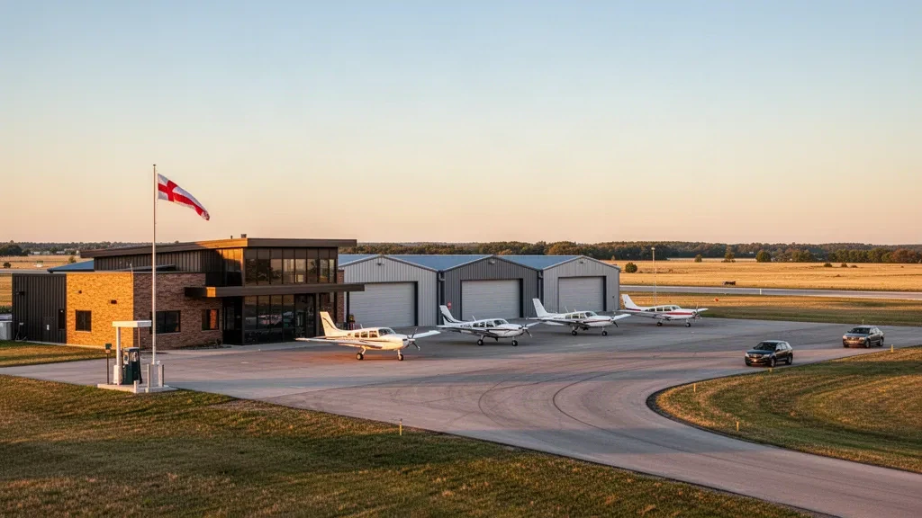 Golden hour view of hangars, light aircraft and the small terminal at Millard Airport in Omaha, Nebraska