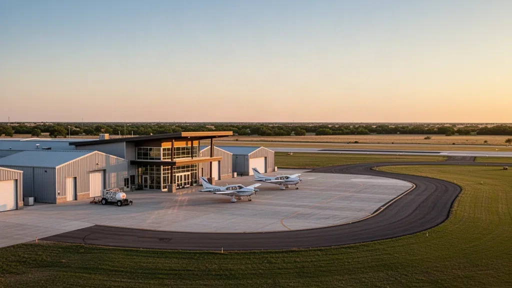 Vue à l'heure dorée de l'aéroport municipal de Miami en Oklahoma, avec son petit terminal, ses hangars et un avion monomoteur sur l'aire de trafic