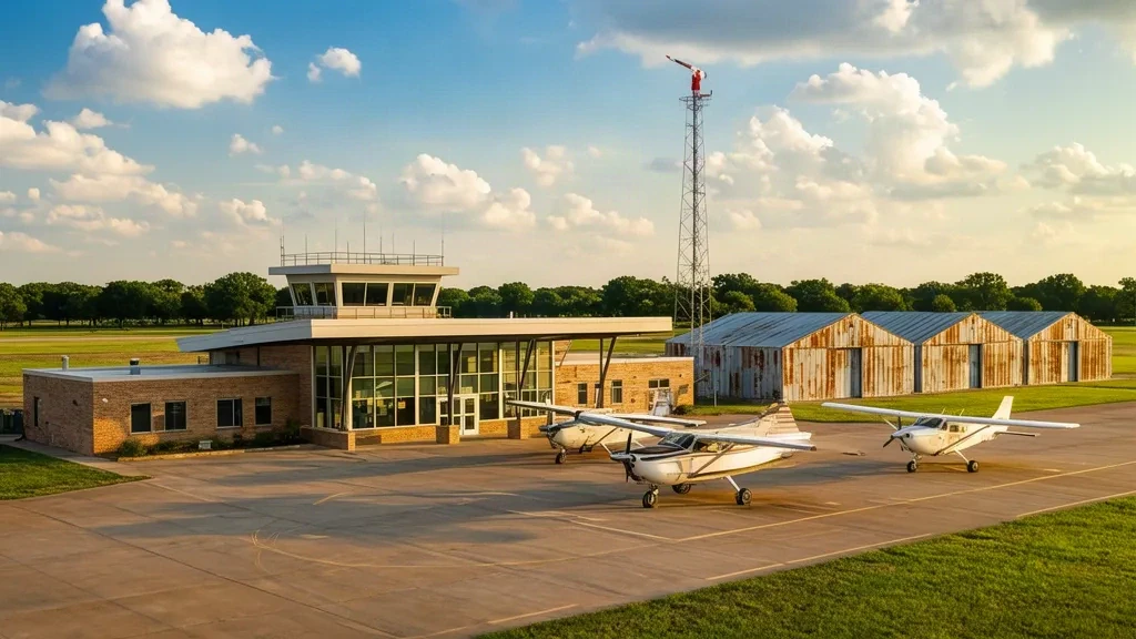 Miami, Oklahoma'daki Miami Municipal Havaalanı MIO'da güneşli bir günde genel havacılık terminal binası ve hangar apronu