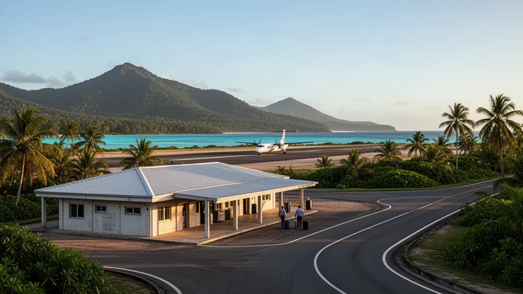 Terminal de l'aéroport tropical de l'île Misima, tarmac et piste bordée de palmiers dans la province de Milne Bay, Papouasie-Nouvelle-Guinée, à l'heure dorée