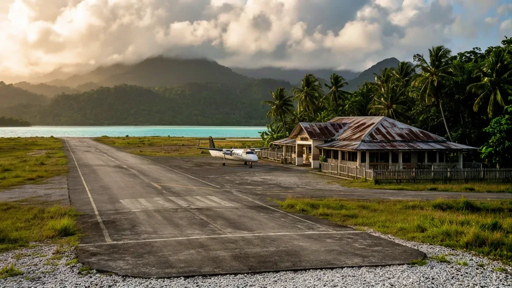 Petit bâtiment terminal et piste à l'aéroport de l'île Misima en Papouasie-Nouvelle-Guinée, encadrés par des palmiers et des collines tropicales près de la mer