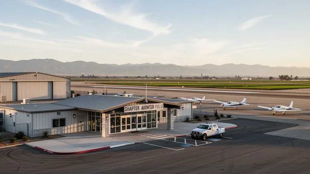 Aeropuerto Minter Field en Shafter, California, con hangares, una pequeña terminal y una pista despejada bajo la cálida luz del Valle Central.