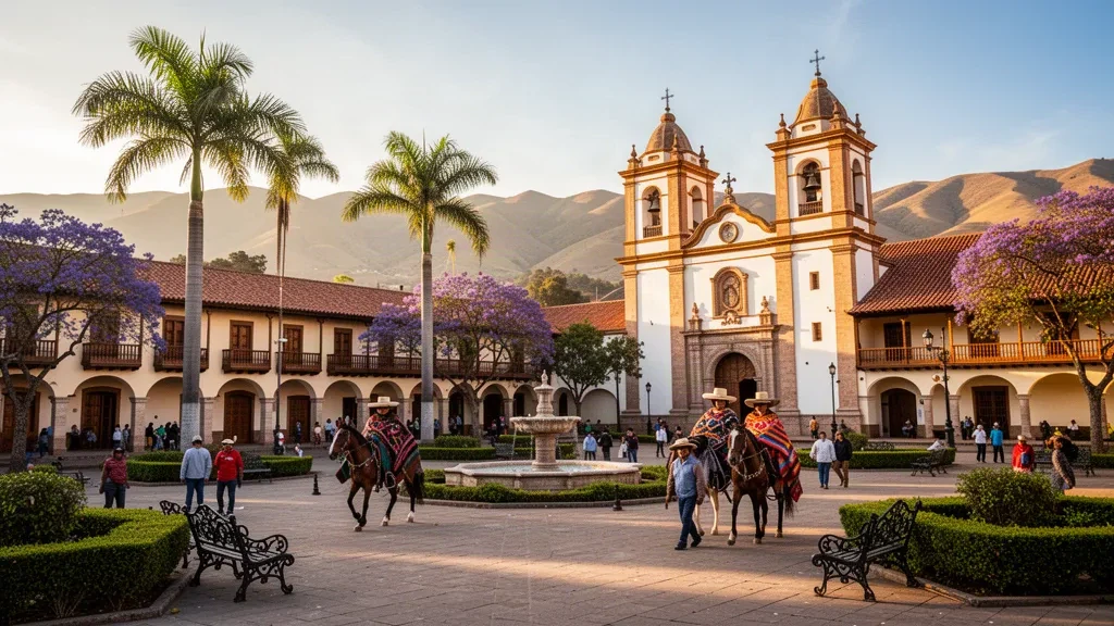 Vista al atardecer de la plaza colonial de Tarija, en Bolivia, con su catedral blanca, palmeras y las estribaciones andinas detrás de las arcadas