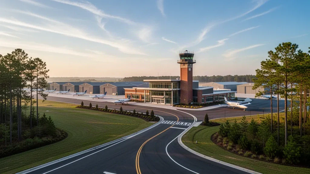 Millville Municipal Airport terminal, control tower and light aircraft on the ramp in southern New Jersey at golden hour