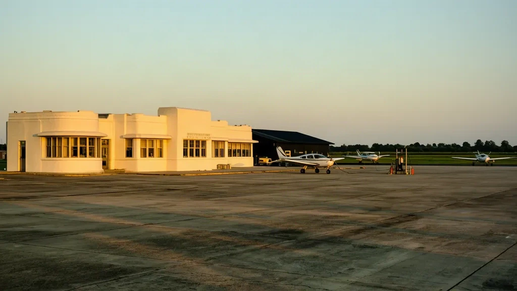 Historic Art Deco terminal building at Millville Municipal Airport in New Jersey with small aircraft parked on the apron at sunset