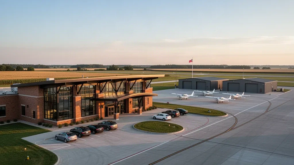 Altın saatlerde Iowa'daki Marshalltown Municipal Havaalanı'nda modern cam terminal, hangarlar ve apronda hafif uçaklar
