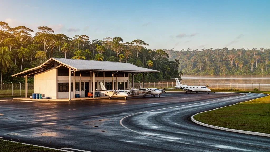 Kleines regionales Amazonas-Terminal und Flugzeugabstellfläche am Flughafen Miriti Parana in Pará, Brasilien, umrahmt vom Regenwald zur goldenen Stunde