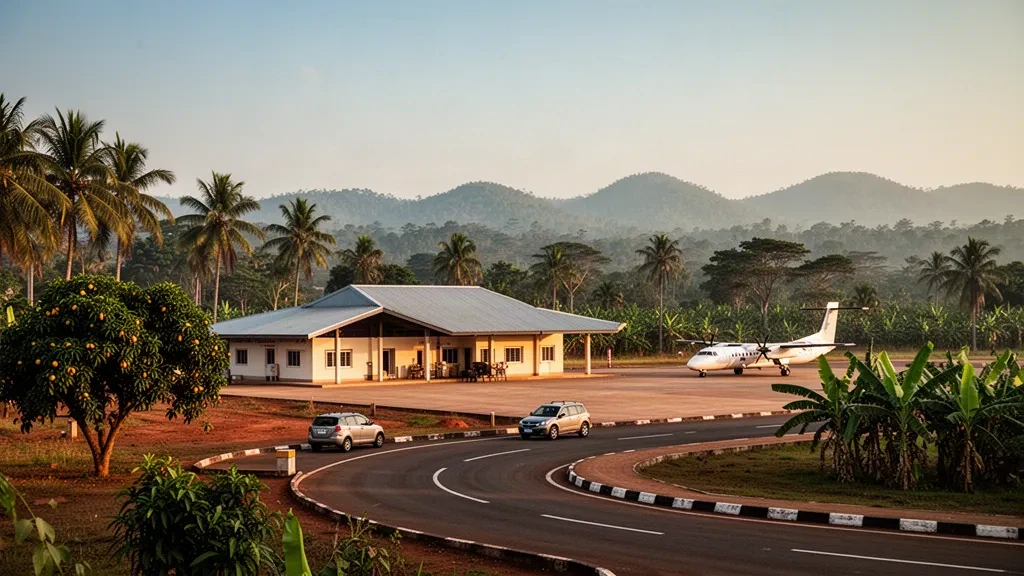 Kleines regionales Terminal, Vorfeld und Zufahrtsstraße am Flughafen Man im Westen der Côte d'Ivoire, umrahmt von üppig grünen Hügeln zur goldenen Stunde