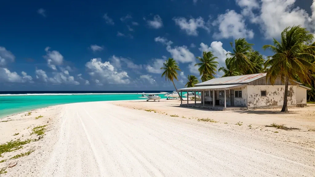 Korallenlandebahn und kleines offenes Empfangsgebäude des Flughafens Mejit Atoll auf Mejit Island, Marshallinseln, umrahmt von Kokospalmen und türkisfarbener Lagune