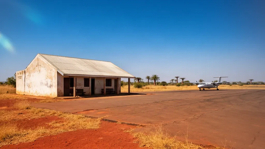 Kleines Terminalgebäude und Vorfeld am Flughafen Manja in der madagassischen Region Menabe unter einem hellen tropischen Himmel