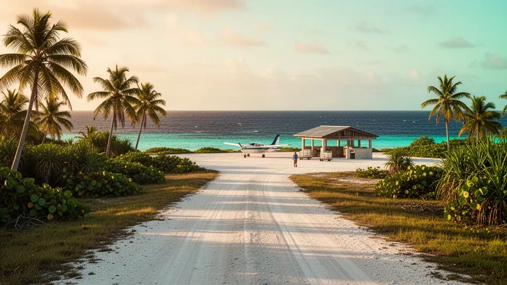 Estrecha pista de coral del aeropuerto de la isla Mejit en las islas Marshall, flanqueada por palmeras de coco y agua turquesa del Pacífico.