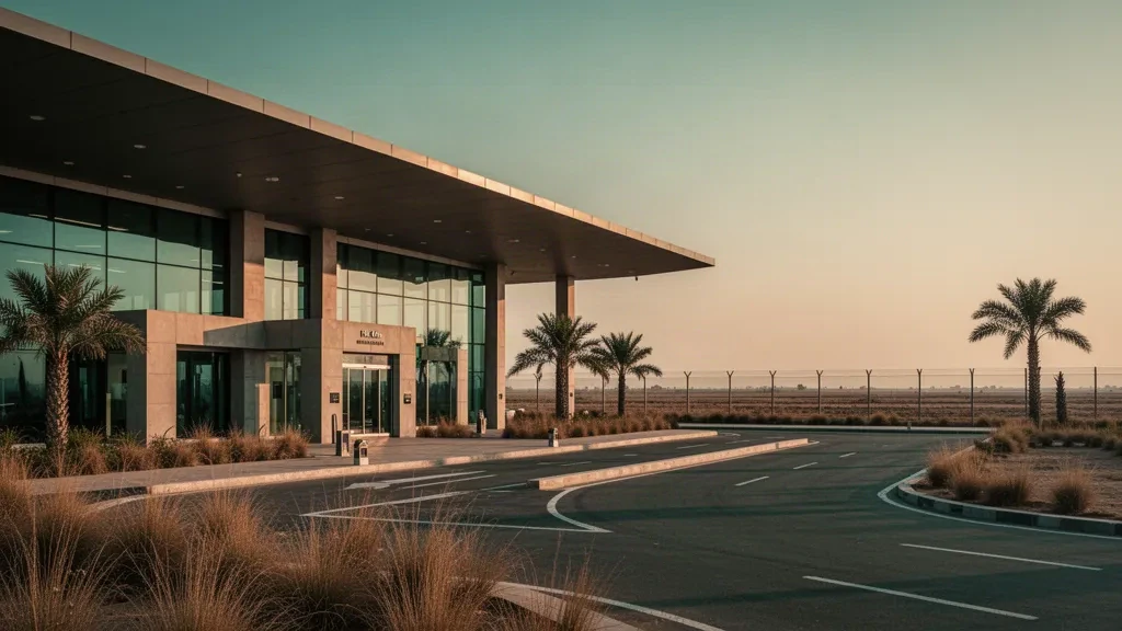 Extérieur d'un terminal moderne à l'aéroport de Moenjodaro dans le Sind, au Pakistan, sous une lumière dorée et avec des voies de dépose ouvertes