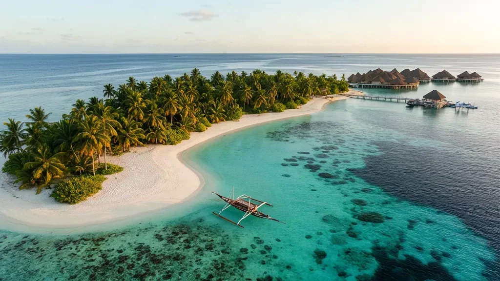 Veduta aerea di una laguna turchese e isole ricoperte di palme alle Figi durante l'ora dorata