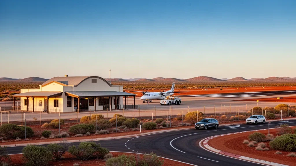 Pequeña terminal de aeropuerto regional y plataforma cerca de Denham, puerta de entrada a Shark Bay, Australia Occidental, bajo un cielo despejado del interior