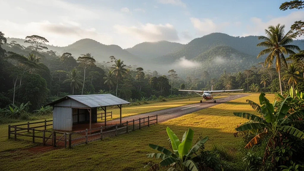Petite piste d'atterrissage isolée à l'aéroport de Moki en Papouasie-Nouvelle-Guinée, avec une piste tropicale enherbée, une forêt tropicale dense et des crêtes montagneuses brumeuses dans la lumière dorée du matin.